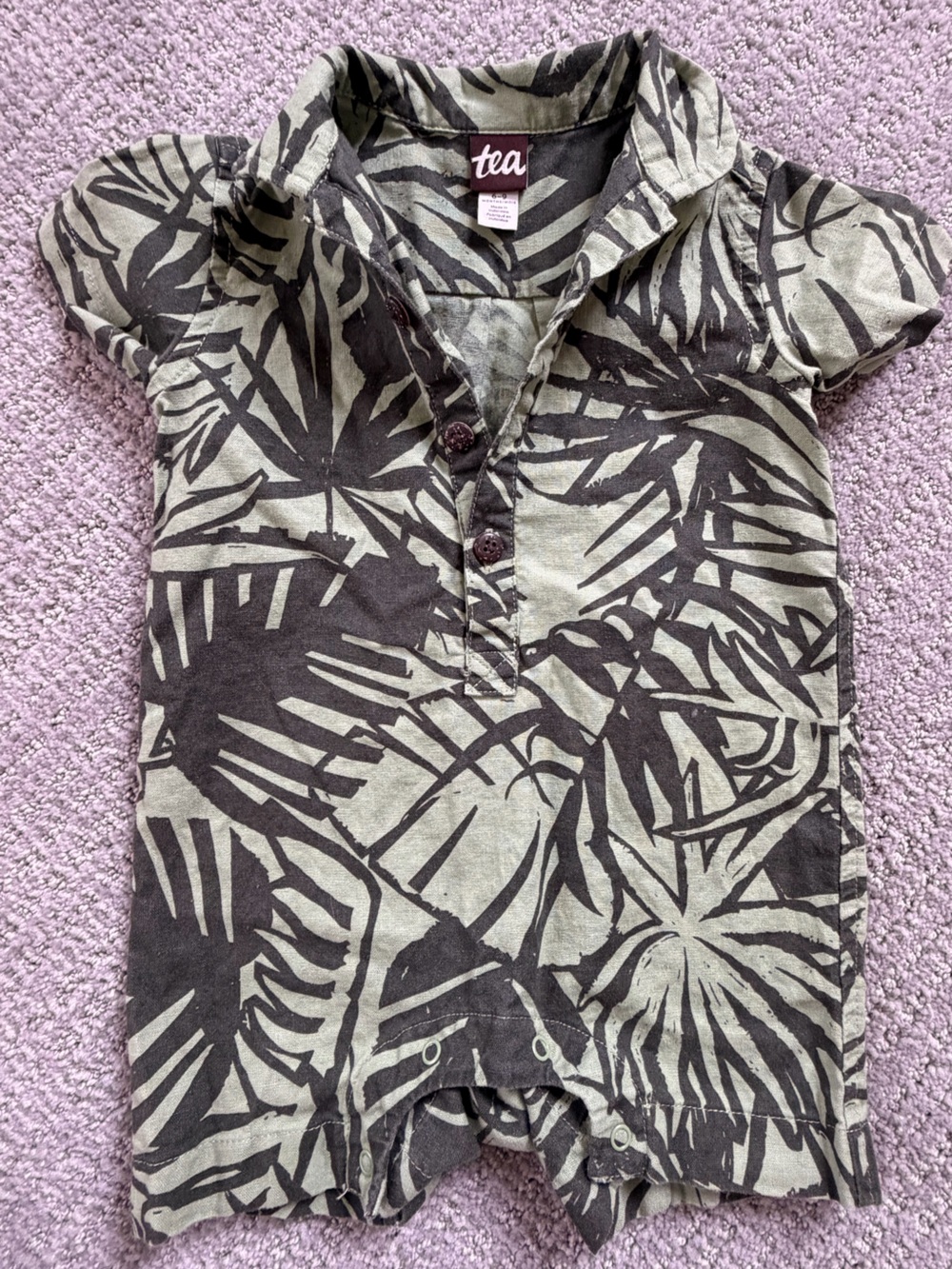 Tea Green Tropical Leaf Print Romper | Cotton/Linen Blend | 6-9M